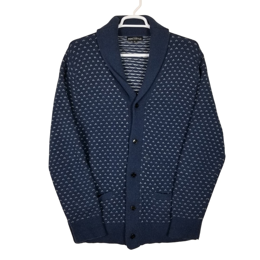J.Crew Mercantile Cardigan Men XL Navy Blue Shawl Collar Birdseye Wool Blend